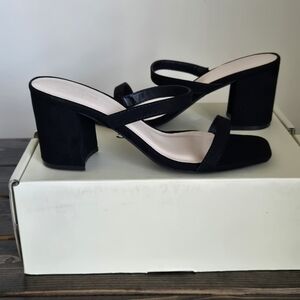 Black Strappy Block Heel Slide Sandals